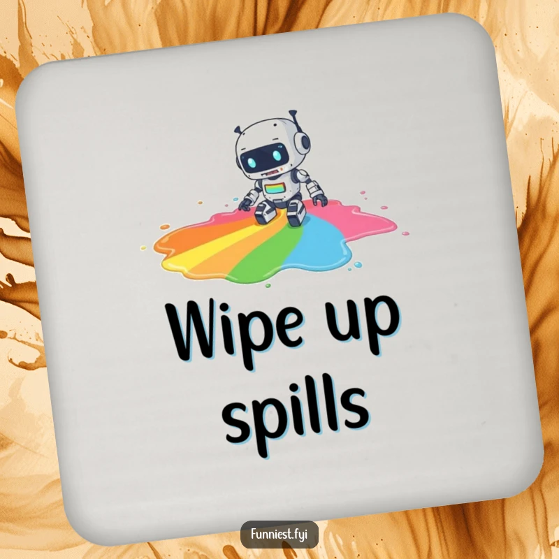 Funny coaster with a clumsy robot character spilling a large puddle of rainbow paint, a humorous and practical surface protector.