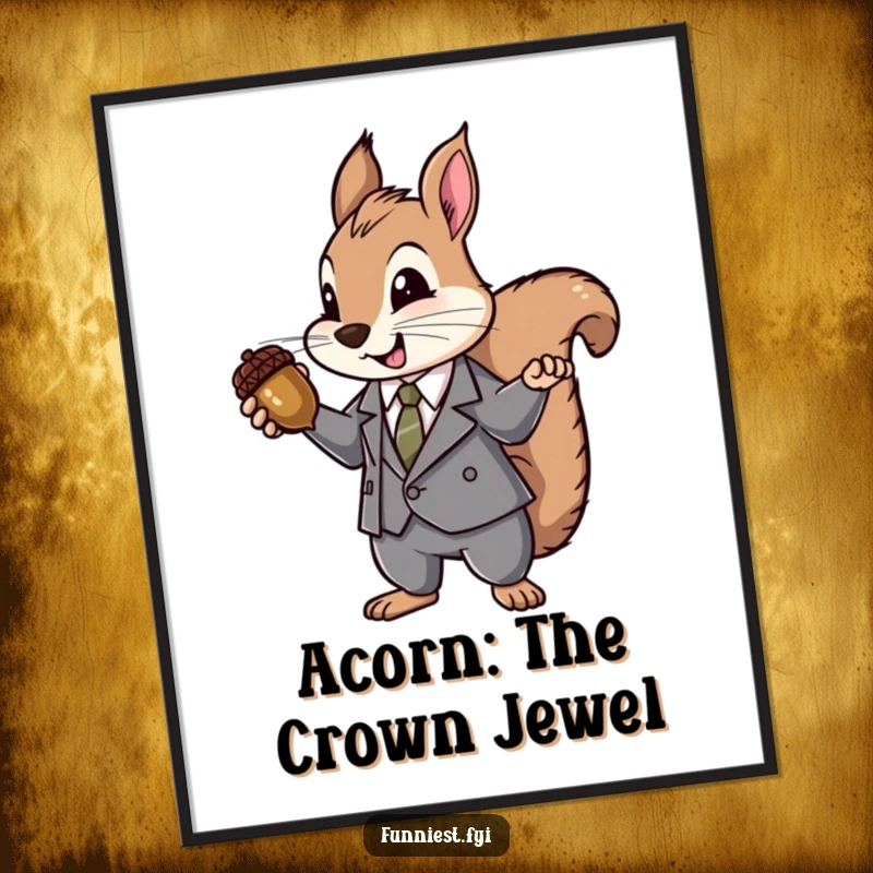 Funny Suit Squirrel Poster: Humorous wall art of a squirrel in a suit dramatically presenting an acorn like a sparkling jewel of immense value.