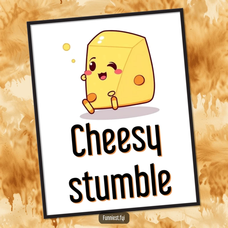 Funny Talking Cheese Pancake Poster: A talking cheese wedge tripping over its own feet, creating wall art full of food-related humor.