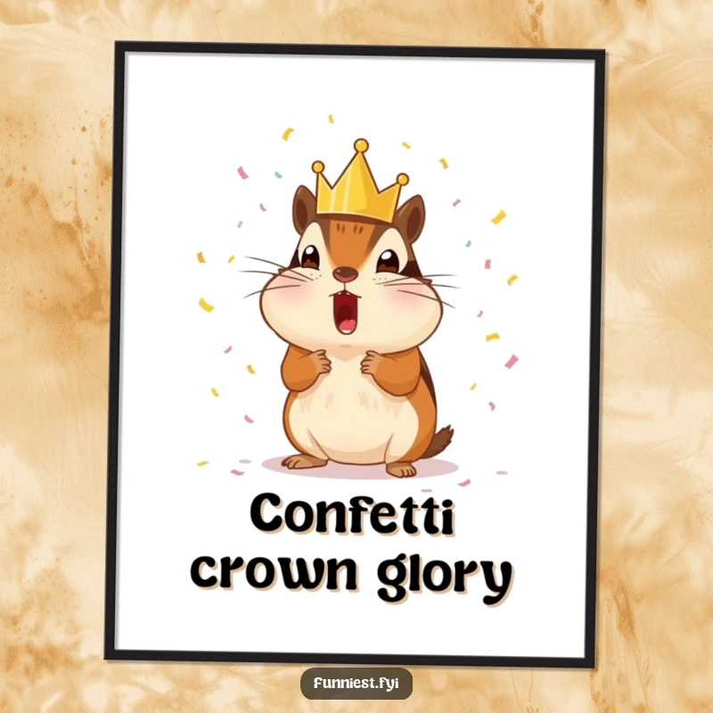 Funny surprised chipmunk wearing a tiny crown, showered with tiny confetti, a humorous and festive wall poster.