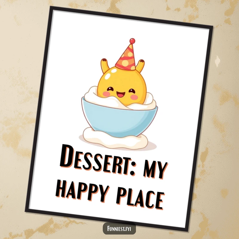 Funny poster print of a happy fruit character in a party hat joyfully falling backwards into a large bowl of whipped cream.