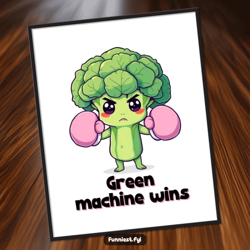 Funny poster print of a determined broccoli floret wearing oversized boxing gloves, bringing healthy eating motivation and humor to decor.