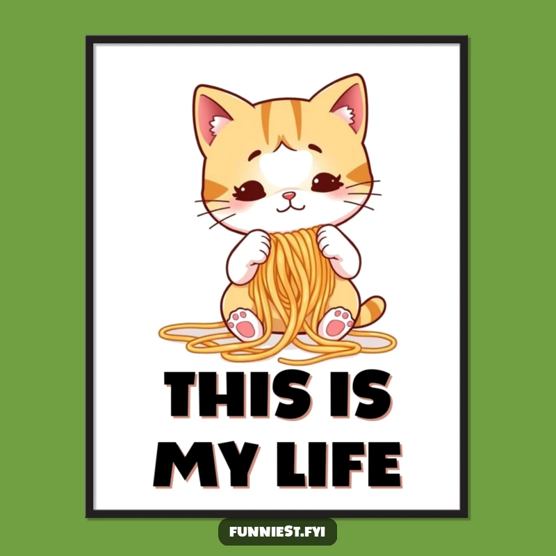 Funny Cat Knitting Spaghetti Poster, Puzzled Feline Wall Art, Hilarious Home Decor