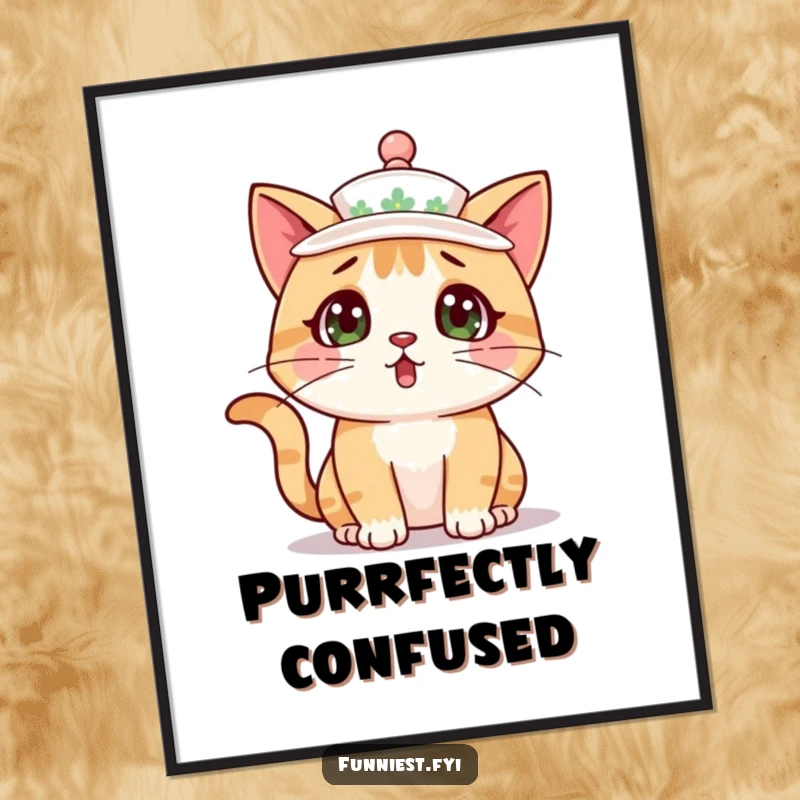 A funny, surprised cat character wearing a teacup as a hat, creating a humorous and heartwarming art print.