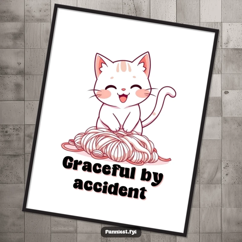Funny poster print of a smiling cat character comically tripping over its tail and landing in a large pile of colorful yarn.