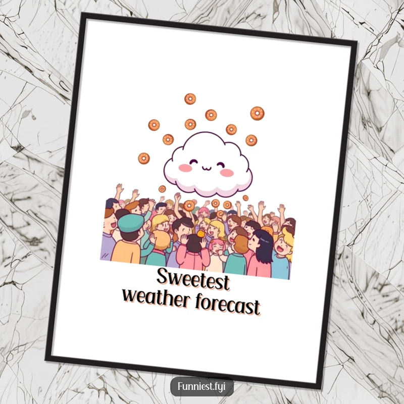 Funny giggling cloud raining tiny donuts onto a cheering crowd, whimsical wall art, perfect for adding joy.