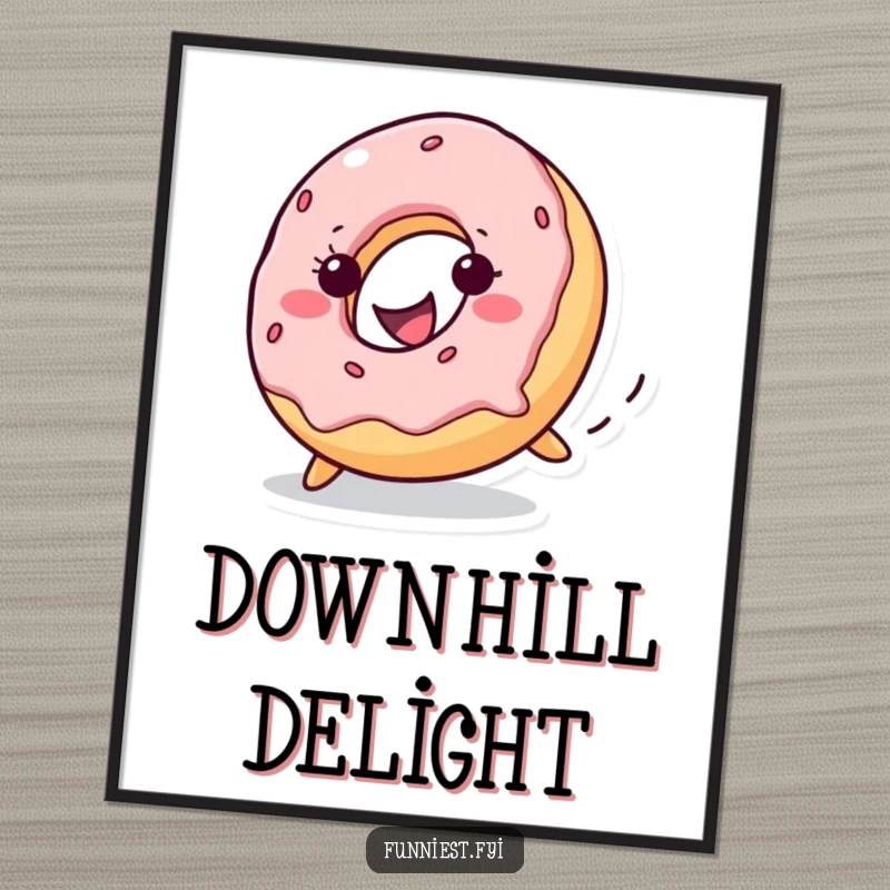 Funny donut character gleefully rolling downhill, vibrant and humorous dessert-themed wall art, perfect for adding cheer.