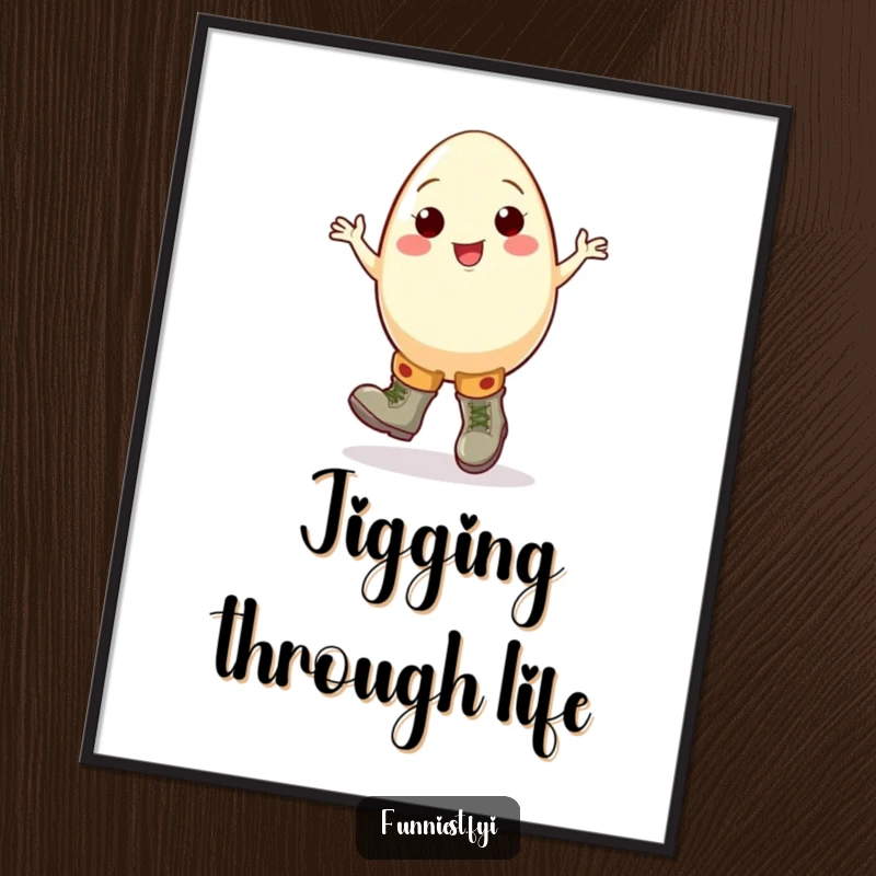 Funny egg poster featuring a cheerful cartoon egg character doing a clumsy jig in oversized boots, adding humorous wall decor.