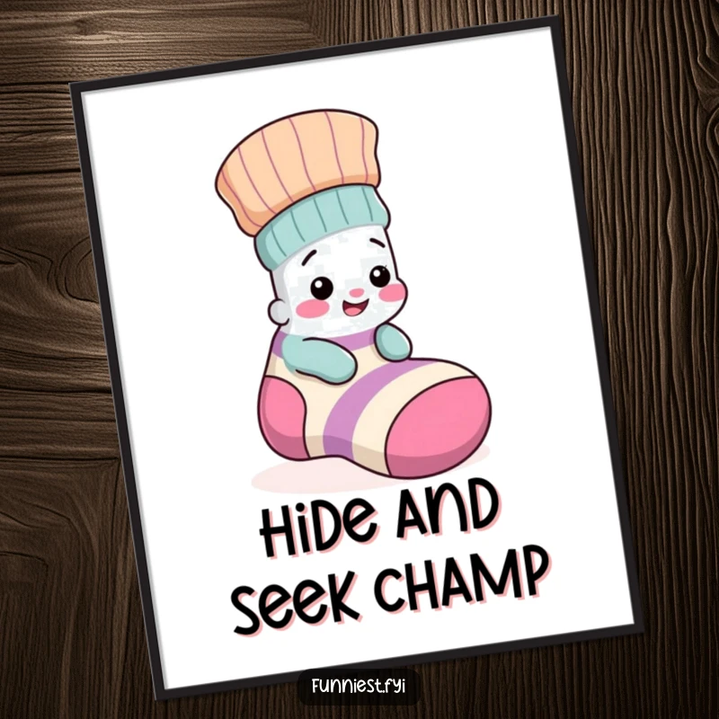 Funny poster art of a small, giggling sock character playfully concealed within a large, mismatched sock, creating a humorous scene.