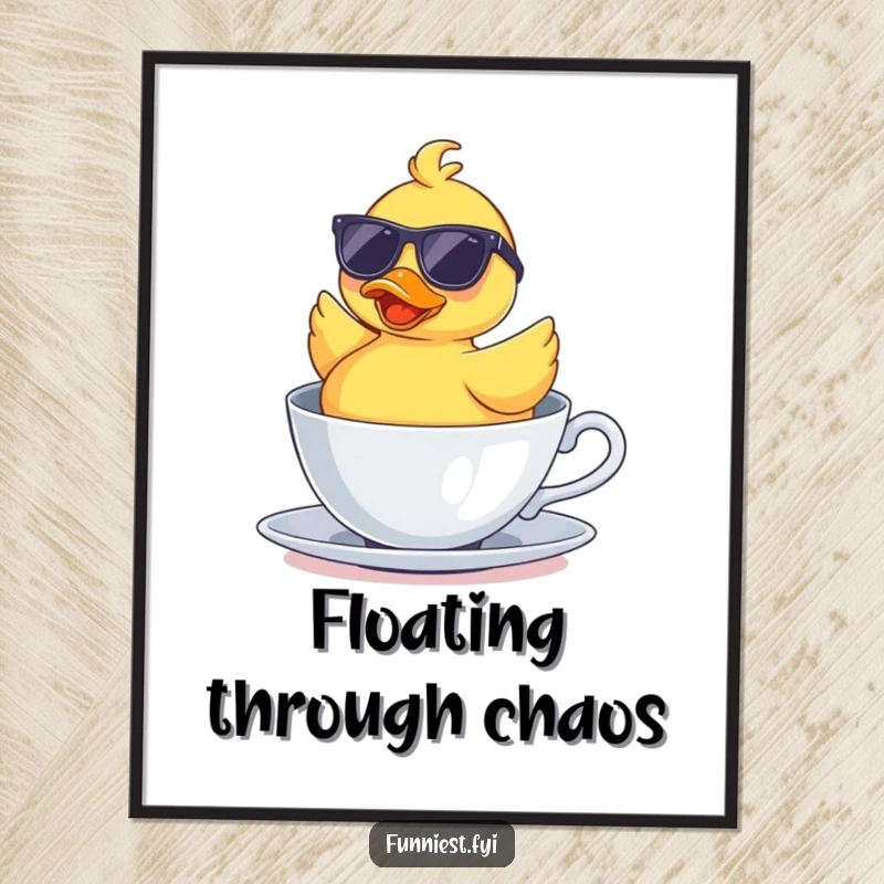 Funny poster print of a rubber duck wearing sunglasses, floating upside down in a teacup, showcasing a humorous and tranquil scene.