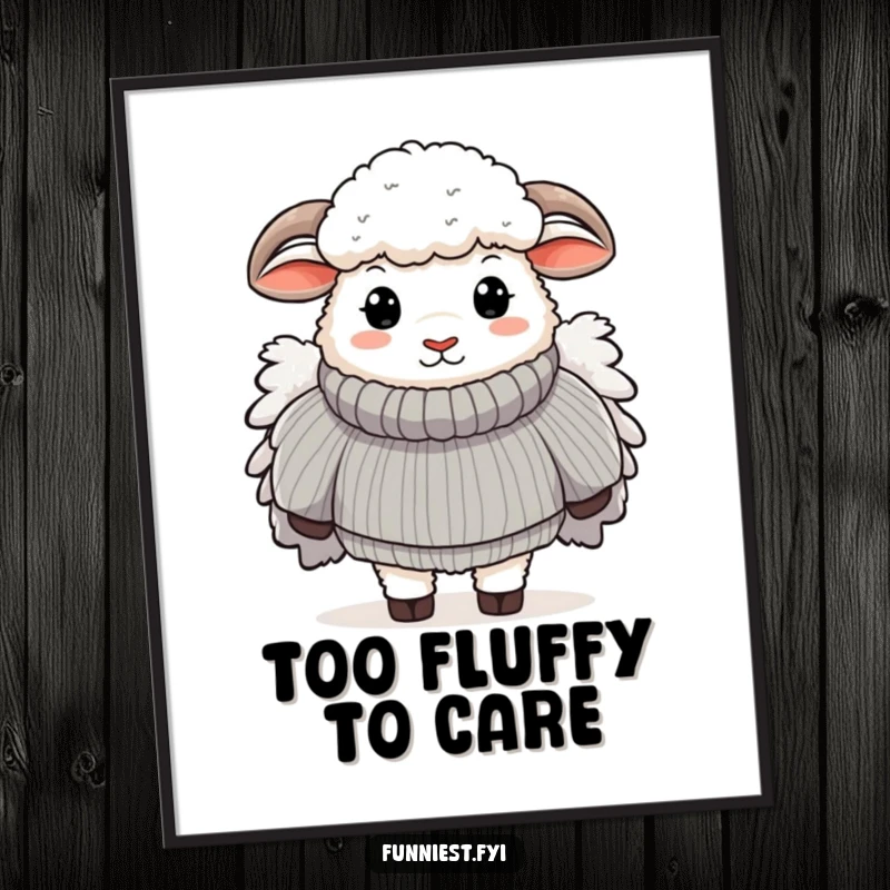 Funny poster art of a sheep wearing an enormous, fluffy sweater, perfect for whimsical and humorous decor.