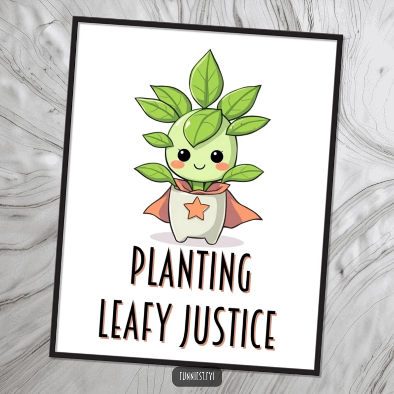 Funny happy houseplant character wearing a tiny superhero cape on a poster, exuding cheerful heroism.