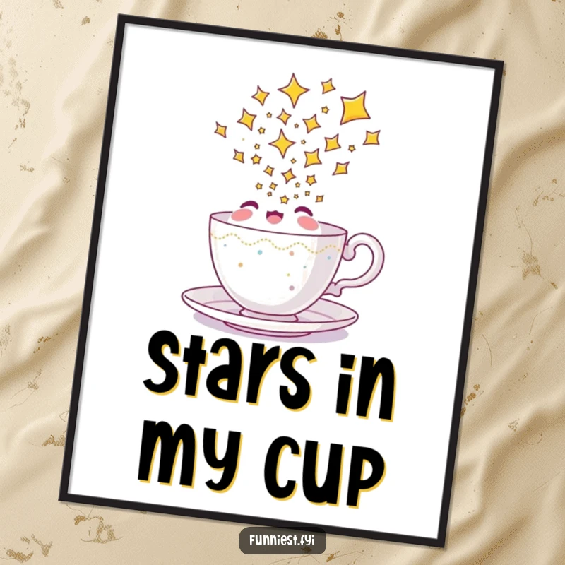 Funny teacup poster print of a happy character pouring an impossible, dazzling stream of stars, inspiring wonder.