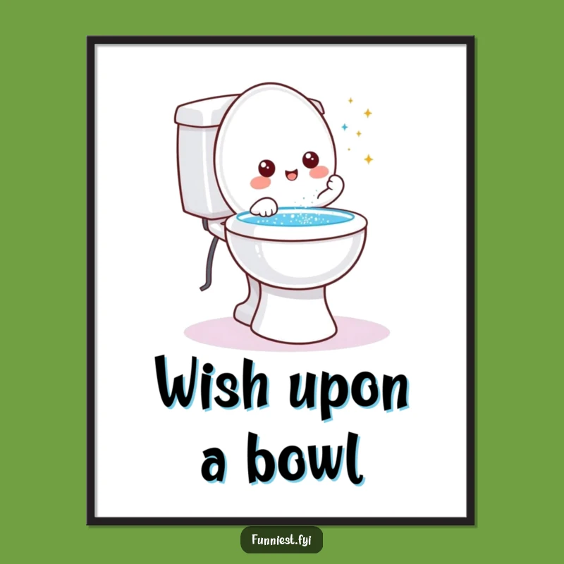 Funny Toilet Wish Poster: Friendly Character Granting Wishes Glitter Art, Gift!