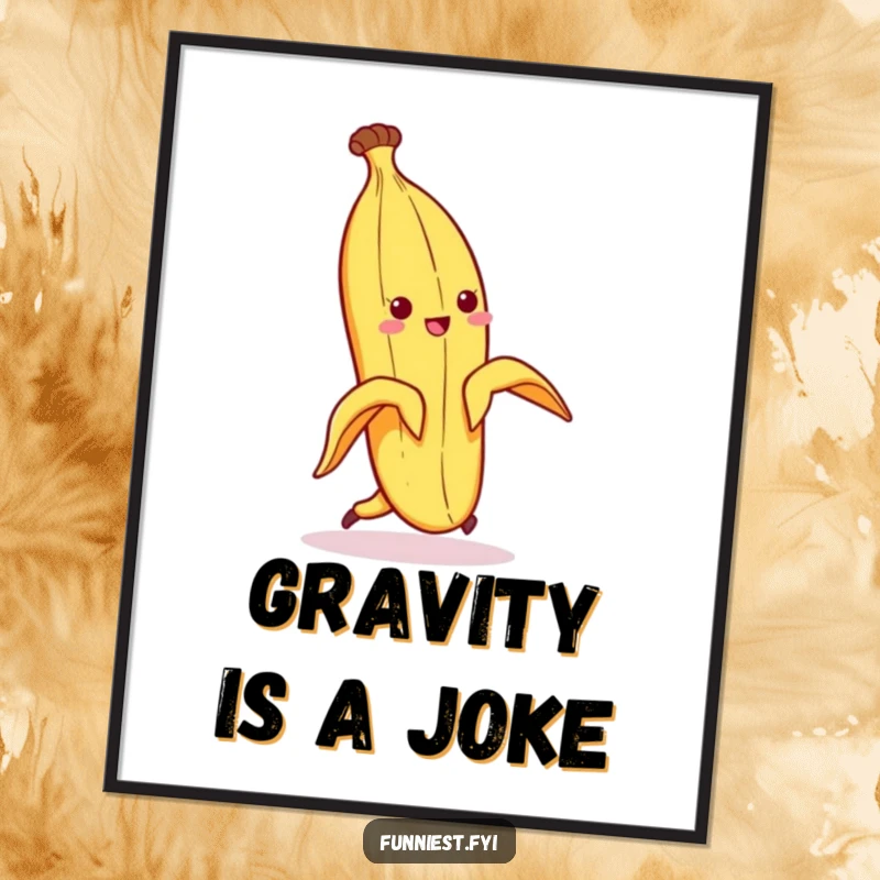 Funny poster depicting a banana peel character comically slipping and falling spectacularly on its own peel, a classic cartoon gag.