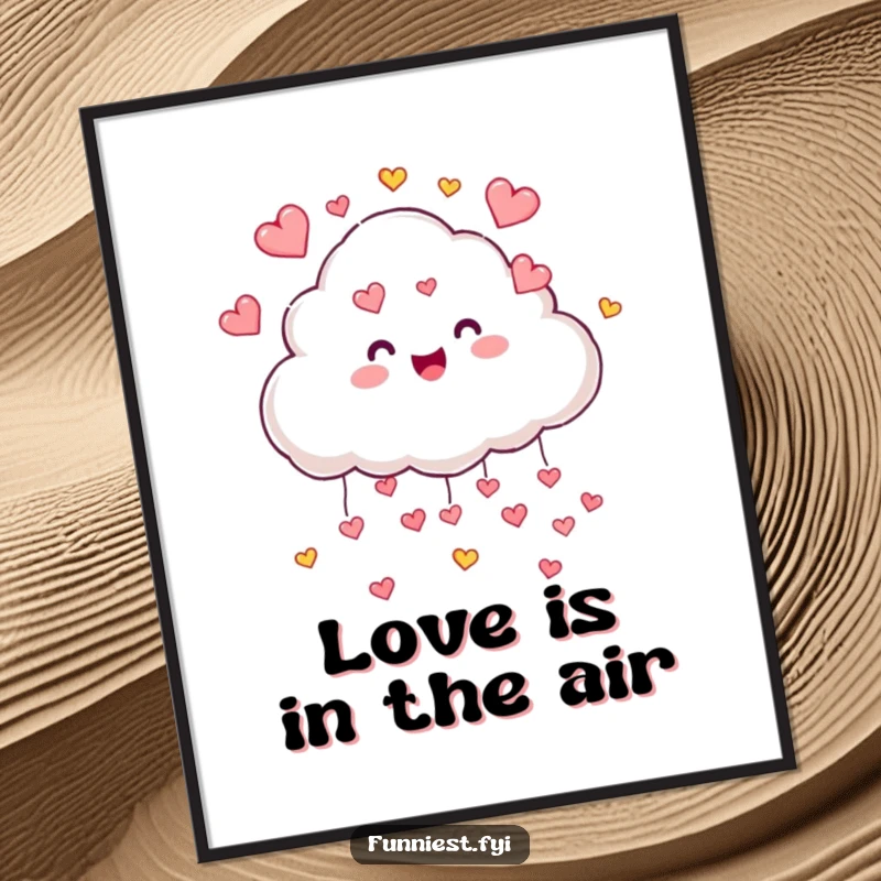 Funny cloud character showering tiny colorful hearts from above, vibrant and humorous wall art, perfect for adding cheer.