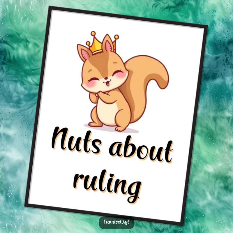 Funny poster featuring a mischievous squirrel character hilariously attempting to wear a tiny crown backward, embodying regal silliness.