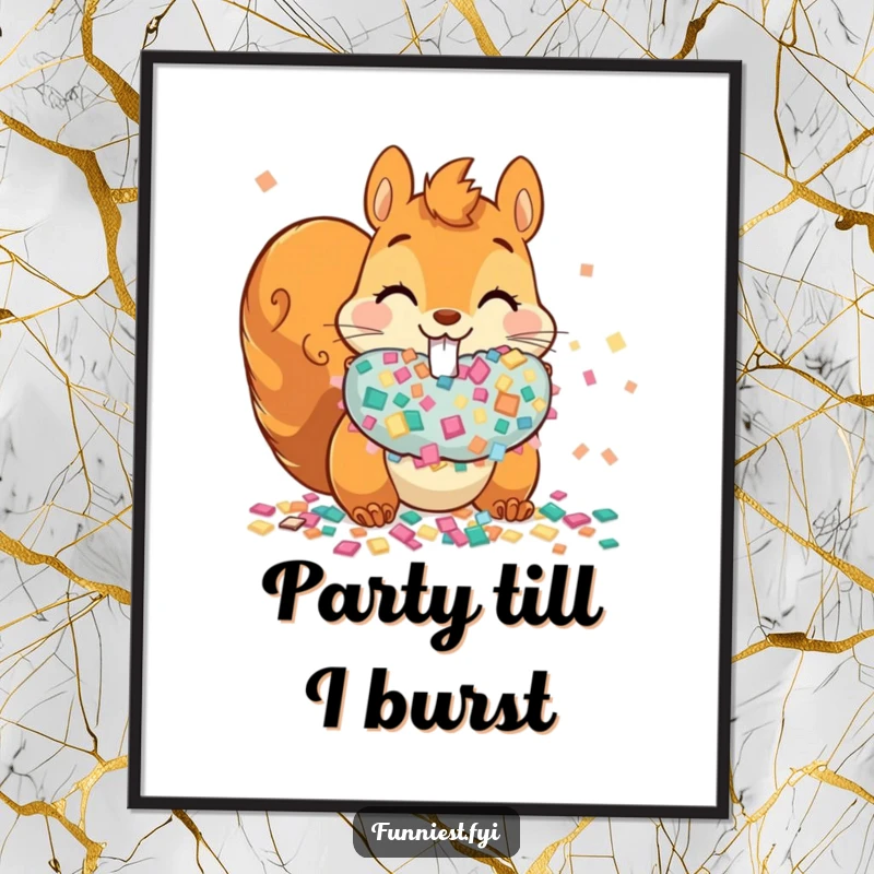 Funny mischievous squirrel with bulging cheeks full of confetti on a poster, capturing a moment of festive chaos.