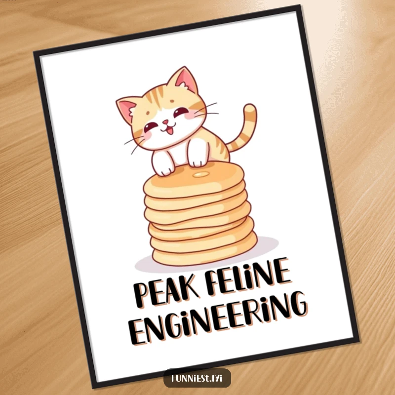 Funny cat character attempting a difficult balancing act on a tall stack of pancakes, adding humor to wall decor.