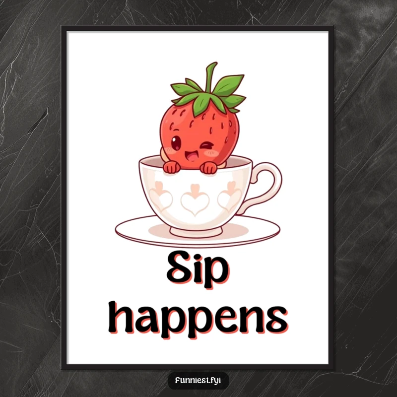 Funny giggling strawberry character poster, hiding inside a gigantic teacup costume, peeking out with an infectious giggle.