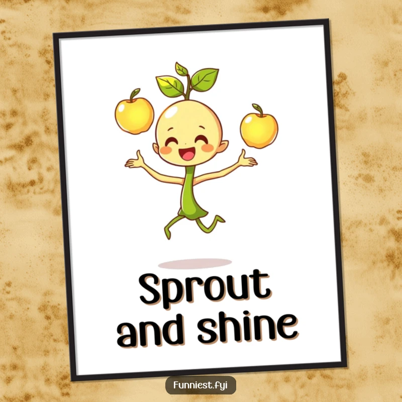 Funny dancing sprout character poster, joyfully juggling three shiny apples with intense focus and a bright, cheerful demeanor.