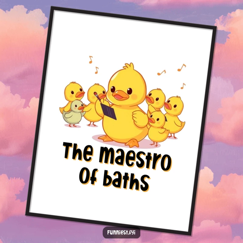 Funny shy rubber ducky character with a baton, conducting a silent orchestra on a poster, adding whimsical humor.