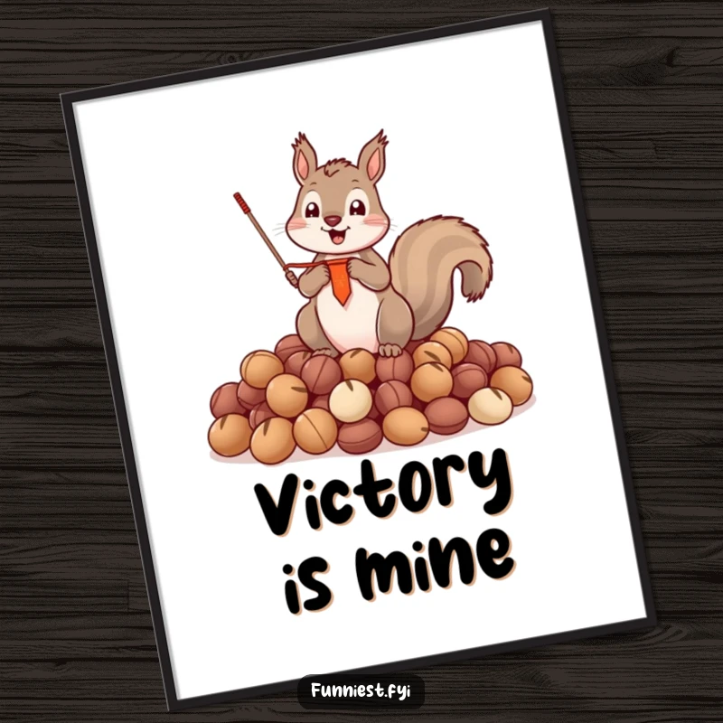 Funny Poster of a squirrel holding a tiny triumphant banner, standing majestically on a pile of nuts, celebrating its bounty.