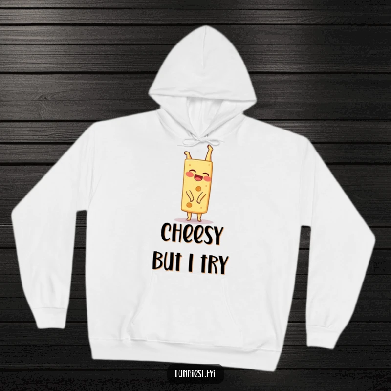 A cozy hoodie featuring a giggling cheese wedge character attempting a handstand, exuding playful charm.
