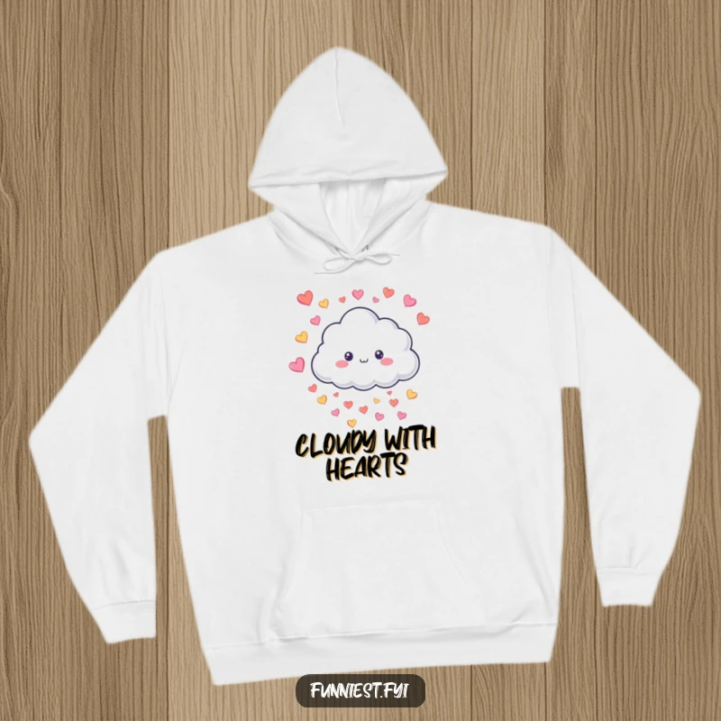 Funny Hoodie showcasing a smiling fluffy cloud character showering down tiny colorful hearts, perfect for cozying up and spreading love.