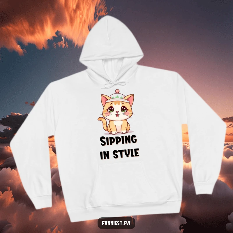 A plush hoodie featuring a surprised cat character wearing a teacup as a hat, exuding accidental cuteness.