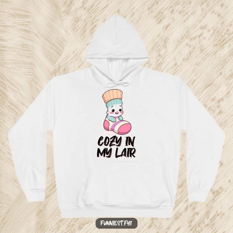 Funny hoodie featuring a small, giggling sock character playfully peeking out from a large, mismatched sock's cuff, embodying cozy mischief.