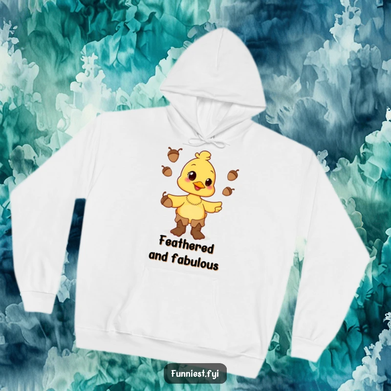 A cozy hoodie featuring a happy duck character in oversized boots, energetically juggling acorns with a cheerful smile.