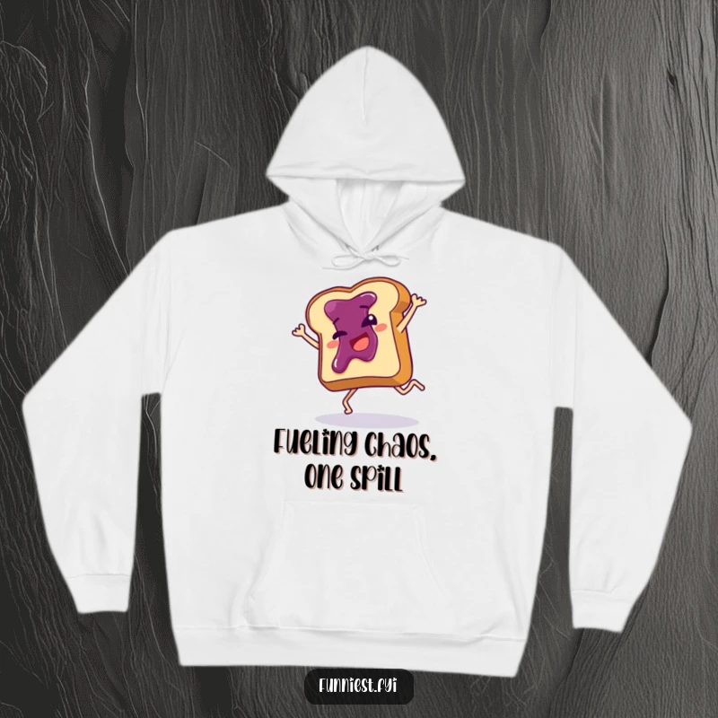 Funny hoodie graphic of a giggling toast slice with jam executing a comical cartwheel, perfect for cozy, humorous wear.