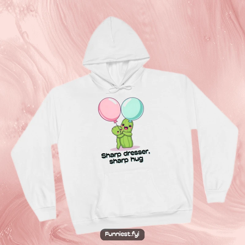 Funny hoodie depicting a cheerful cactus in a loving hug with a surprised balloon, a comical and comforting design.