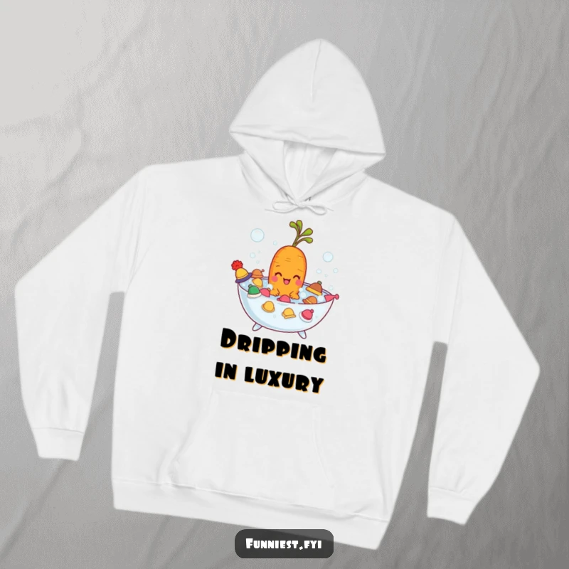 Funny carrot character enjoying a bubble bath adorned with tiny hats, a cozy and humorous hoodie for all.