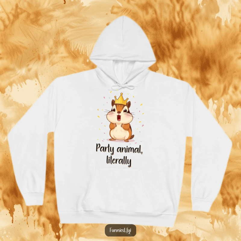 Funny surprised chipmunk wearing a tiny crown, showered with tiny confetti, a warm and humorous hoodie.