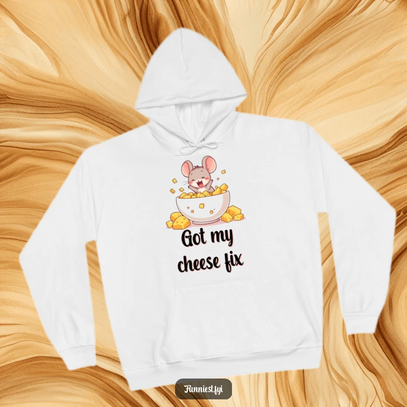 Funny hoodie with a delighted mouse character diving headfirst into a massive, overflowing bowl of cheese, embodying humorous cheesy delight.