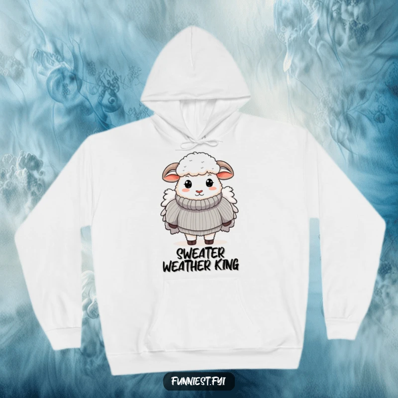Funny hoodie featuring a sheep comically engulfed in a huge, fluffy sweater, ideal for cozy, humorous, and animal-loving wear.