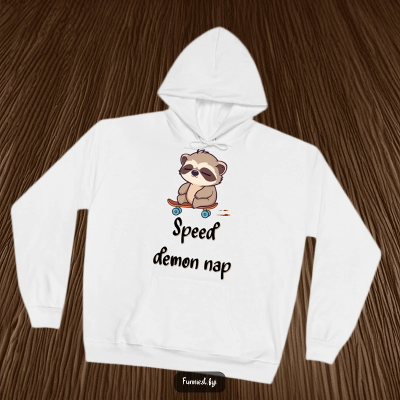 Funny sloth character appearing to zoom on a tiny skateboard, depicted on a warm, soft hoodie.