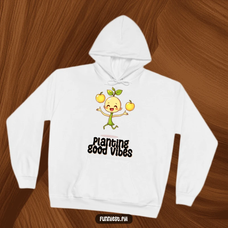 Funny dancing sprout character hoodie, focused on joyfully juggling three shiny apples, radiating positive energy.