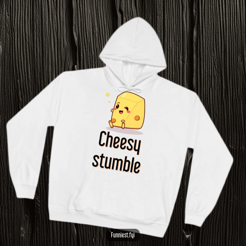 Funny Talking Cheese Hoodie: Warm and cozy hoodie featuring a talking cheese wedge tripping over its feet, offering food-related humor.