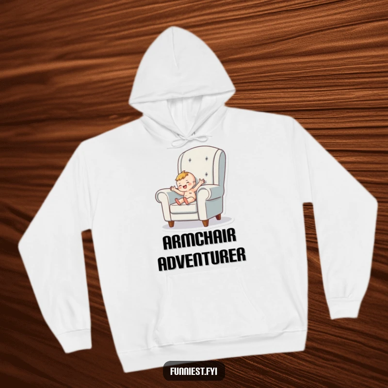 Funny Hoodie showcasing a tiny person character happily wiggling inside a giant armchair, offering supreme comfort and humor.