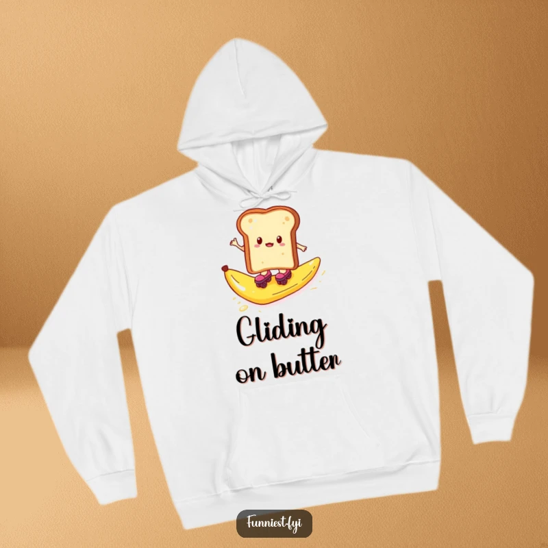 Funny hoodie with toast on tiny roller skates zooming over a banana peel, comfortable humor.