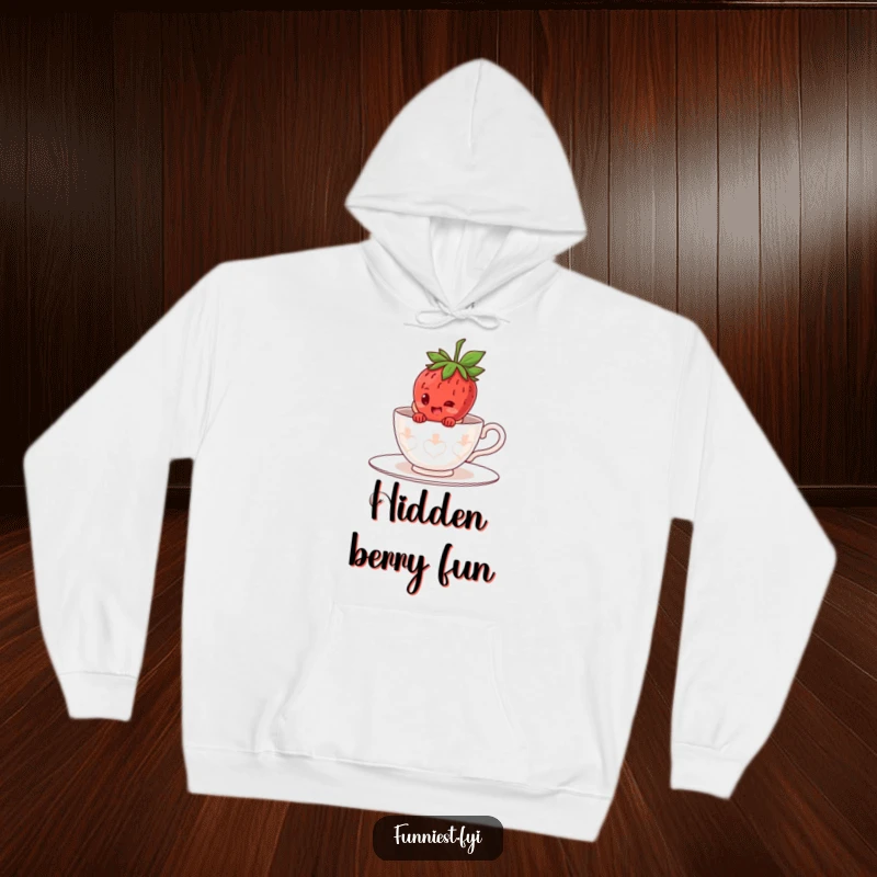 Funny giggling strawberry character hoodie, cleverly hiding inside a giant teacup costume, with a peek of pure joy.