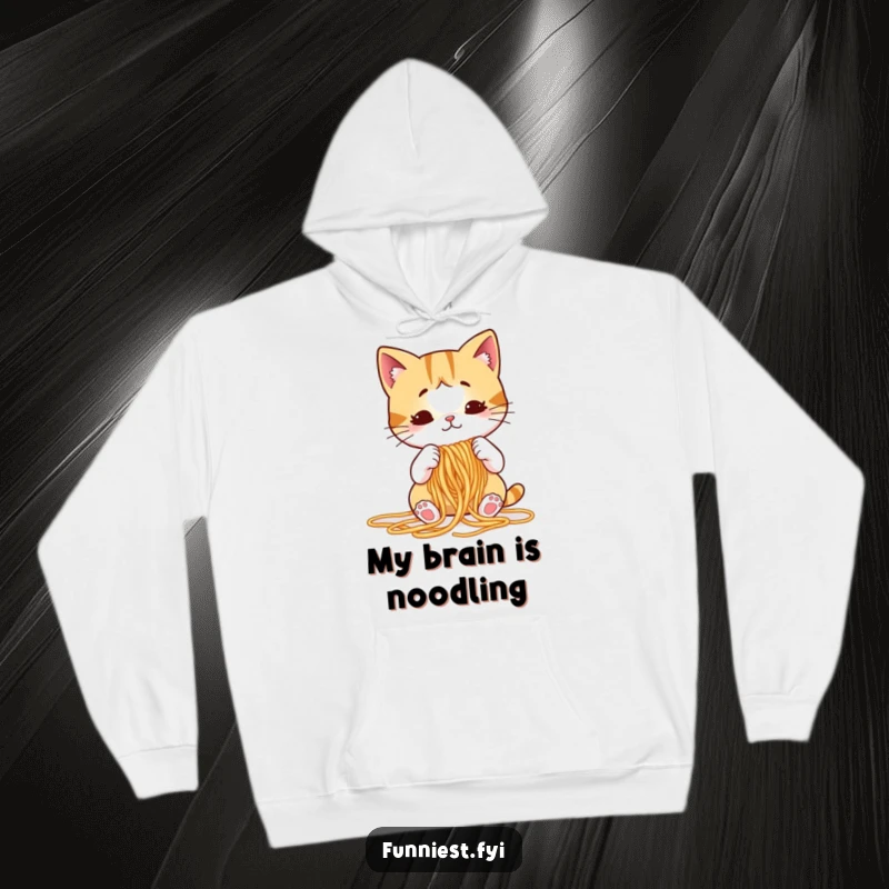 Funny cat hoodie displaying a puzzled cartoon cat hilariously trying to knit spaghetti noodles, ideal for cozy, humorous wear.