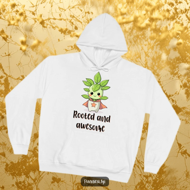Funny happy houseplant wearing a tiny superhero cape on a hoodie, offering warmth and heroic charm.