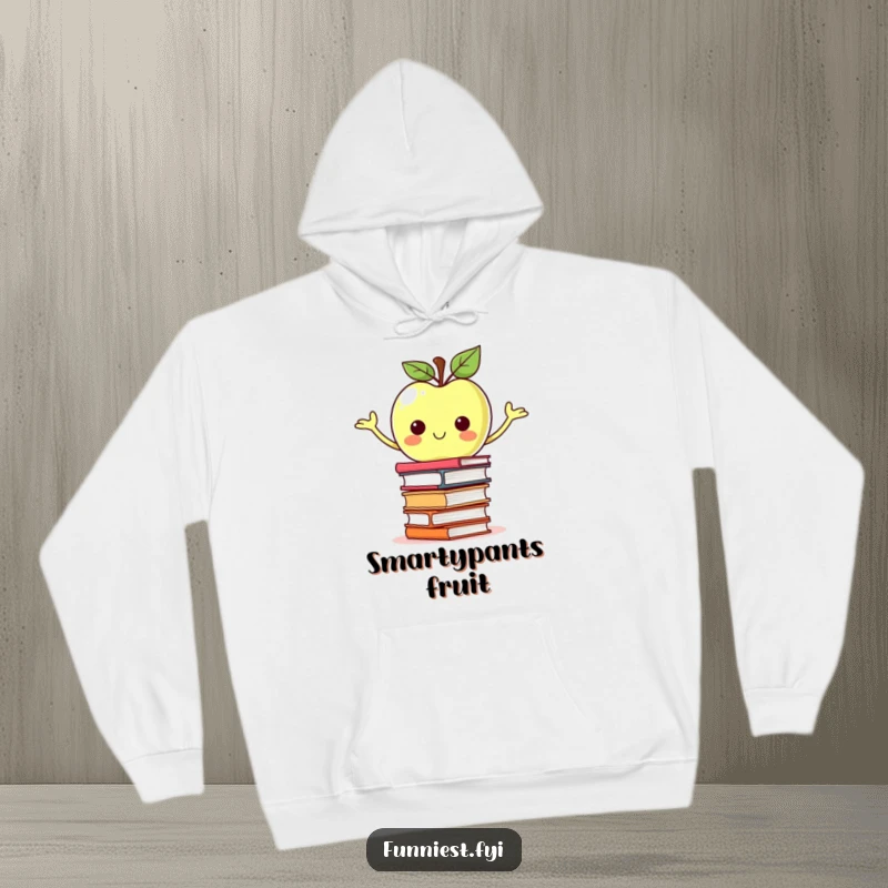 Funny proud apple character balancing a wobbling stack of books on a hoodie, offering warmth and academic charm.