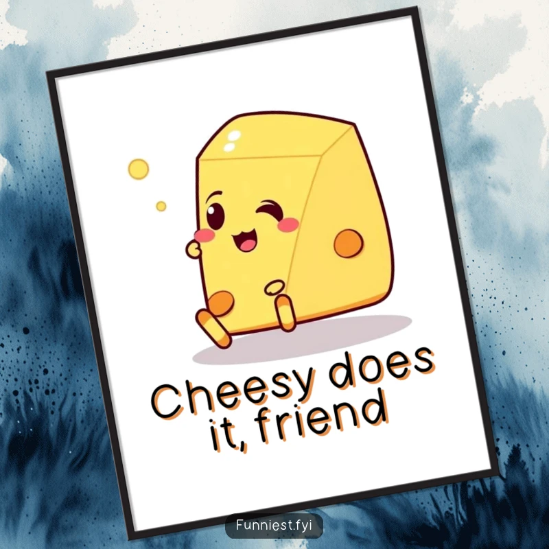 Funny free printable wall art: a talking wedge of cheese trips over its own feet.