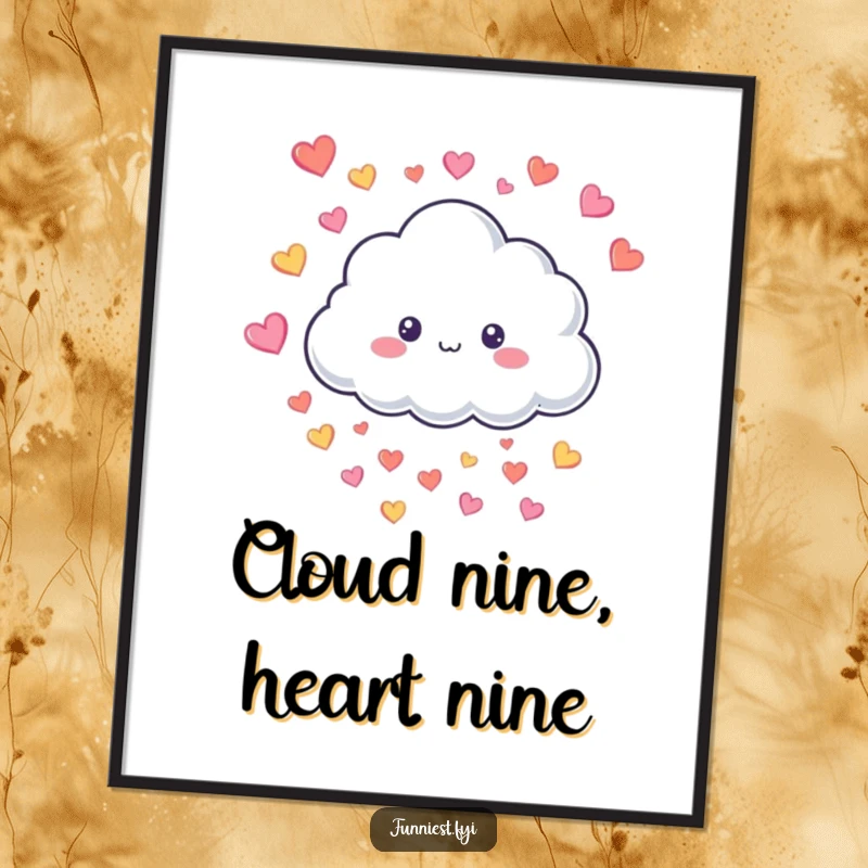 Funny Free Printable Wall Art depicting a happy cloud character showering colorful hearts, adding whimsy to any space.