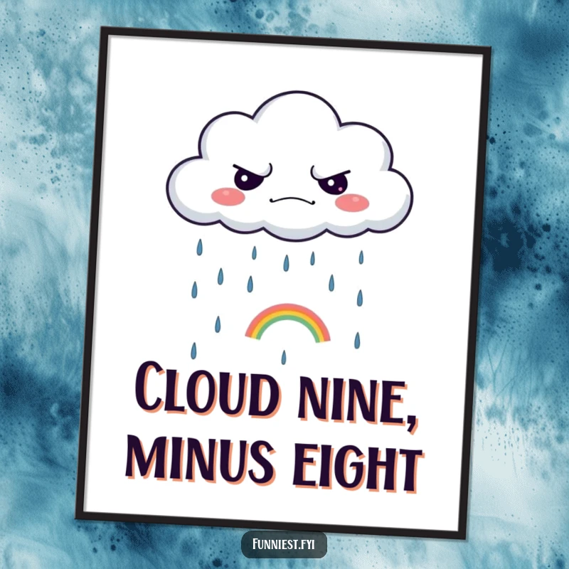 Funny Free Printable Wall Art: A grumpy cloud reluctantly rains a tiny, colorful rainbow, adding moody charm.